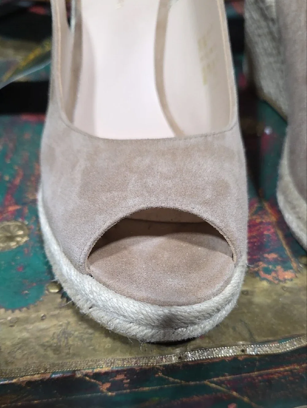 Stuart Weitzman Taupe Suede Espadrille Wedge Slingbacks